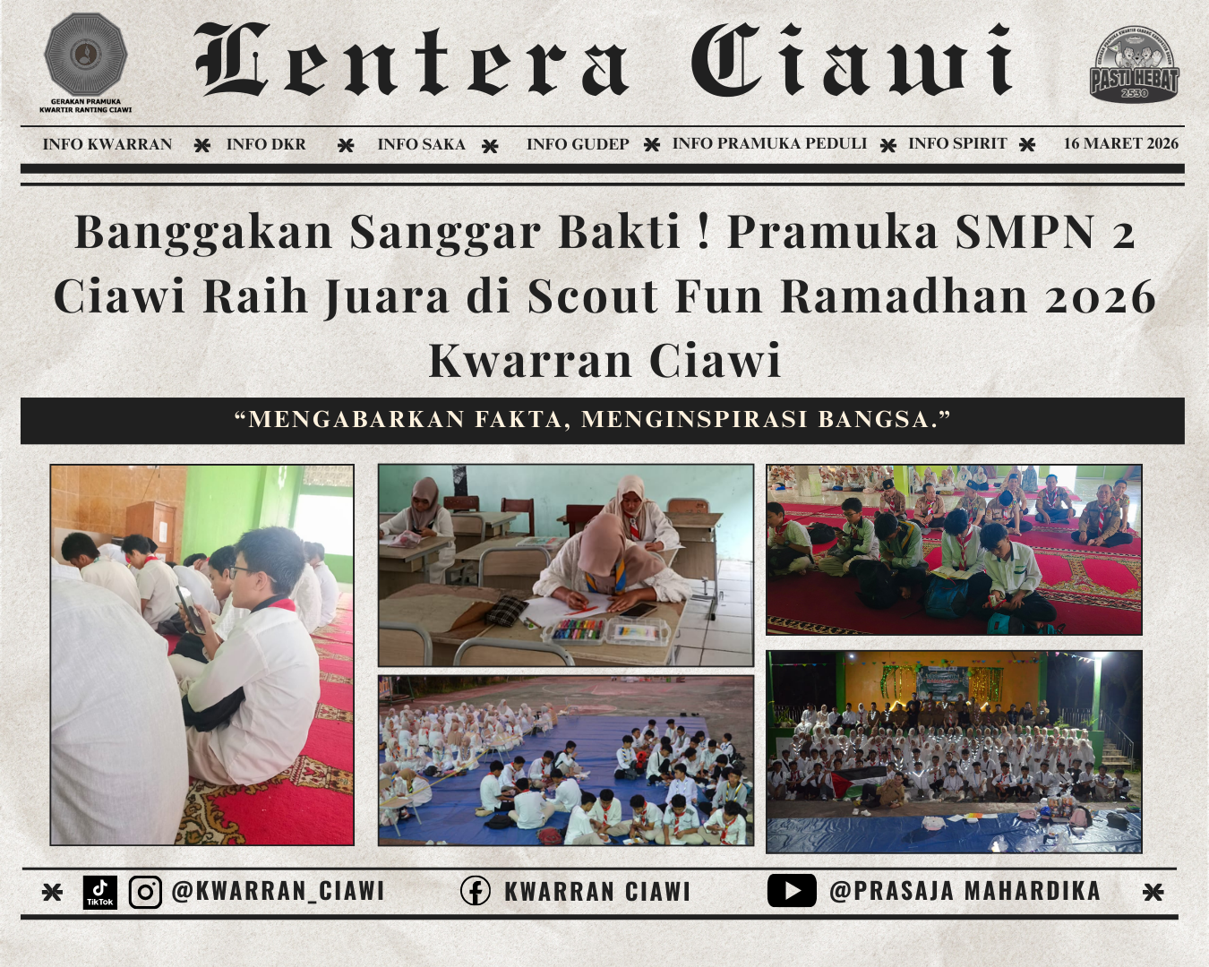 Banggakan Sanggar Bakti ! Pramuka SMPN 2 Ciawi Raih Juara di Scout Fun Ramadhan 2026 Kwarran Ciawi