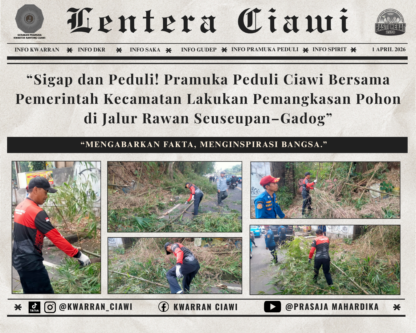 “Sigap dan Peduli! Pramuka Peduli Ciawi Bersama Pemerintah Kecamatan Lakukan Pemangkasan Pohon di Jalur Rawan Seuseupan–Gadog”