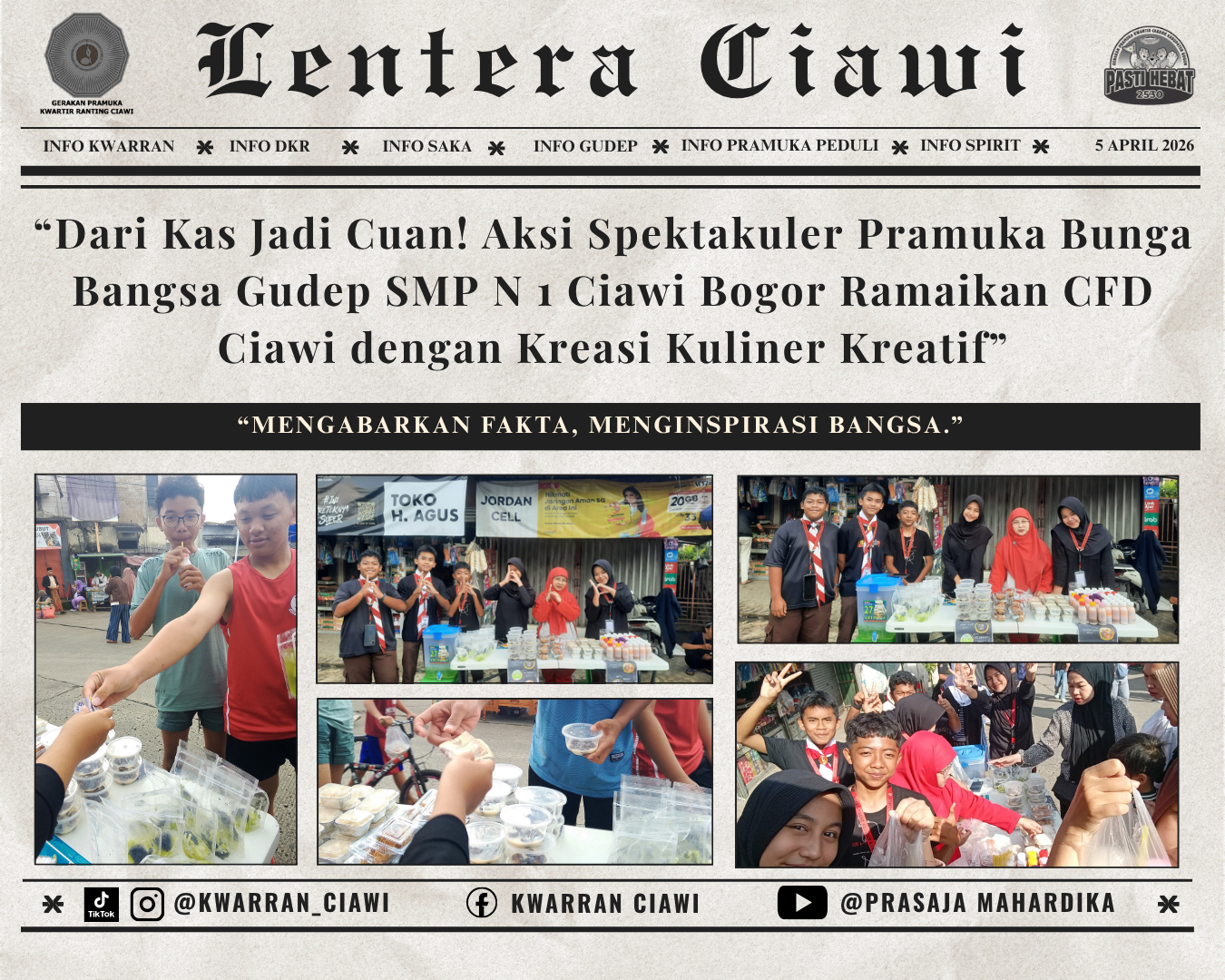 “Dari Kas Jadi Cuan! Aksi Spektakuler Pramuka Bunga Bangsa Gudep SMP N 1 Ciawi Bogor Ramaikan CFD Ciawi dengan Kreasi Kuliner Kreatif”