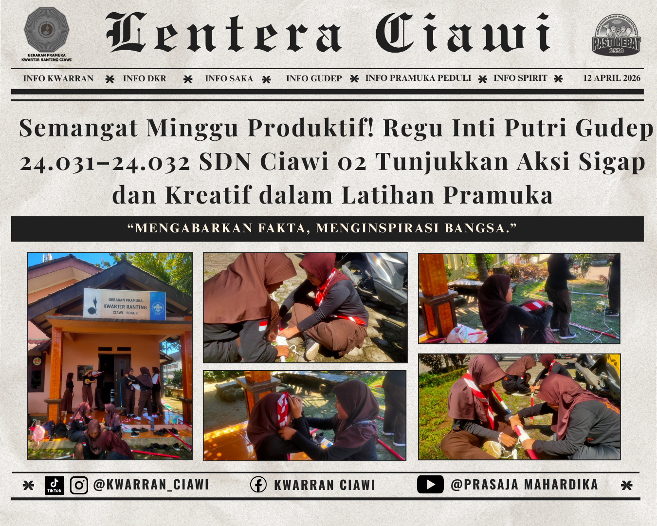 Semangat Minggu Produktif! Regu Inti Putri Gudep 24.031–24.032 SDN Ciawi 02 Tunjukkan Aksi Sigap dan Kreatif dalam Latihan Pramuka
