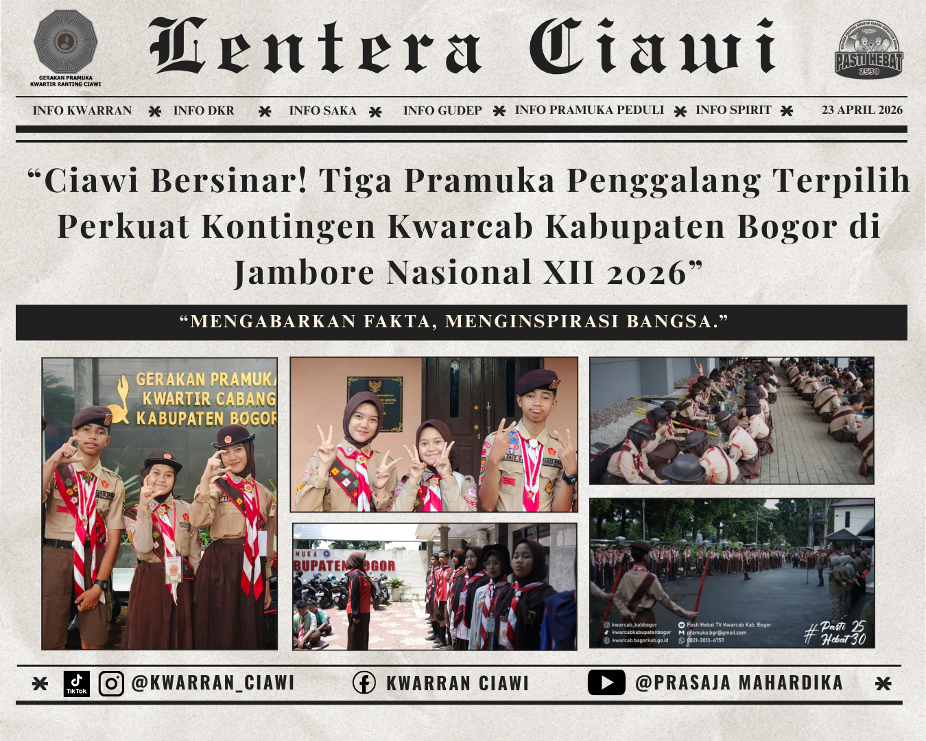 “Ciawi Bersinar! Tiga Pramuka Penggalang Terpilih Perkuat Kontingen Kwarcab Kabupaten Bogor di Jambore Nasional XII 2026”