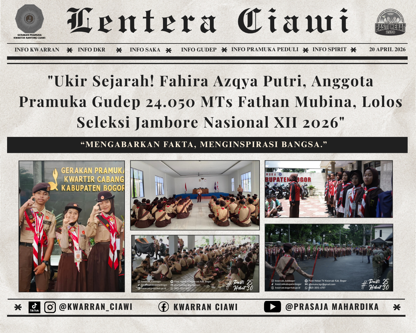 "Ukir Sejarah! Fahira Azqya Putri, Anggota Pramuka Gudep 24.050 MTs Fathan Mubina, Lolos Seleksi Jambore Nasional XII 2026"