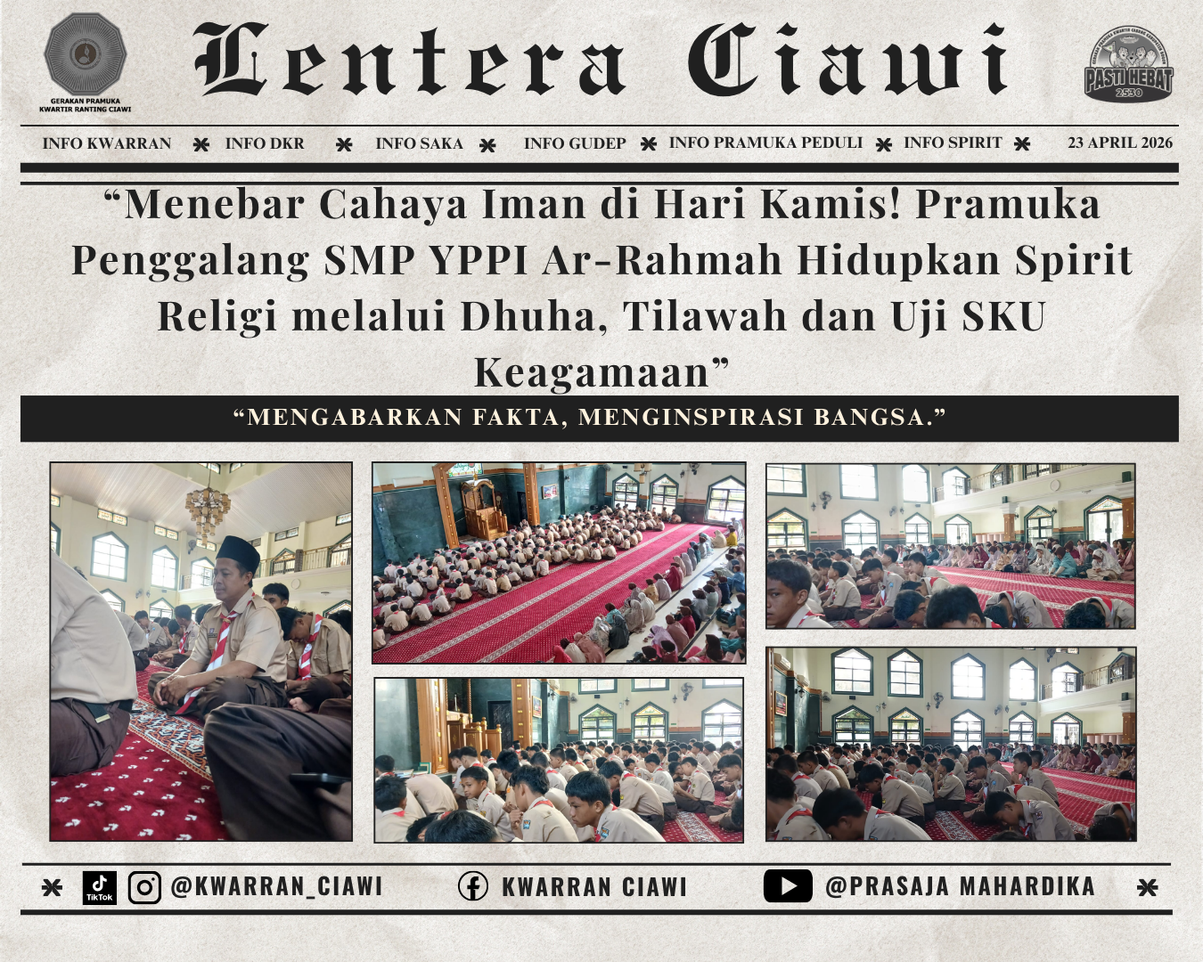 “Menebar Cahaya Iman di Hari Kamis! Pramuka Penggalang SMP YPPI Ar-Rahmah Hidupkan Spirit Religi melalui Dhuha, Tilawah dan Uji SKU Keagamaan”