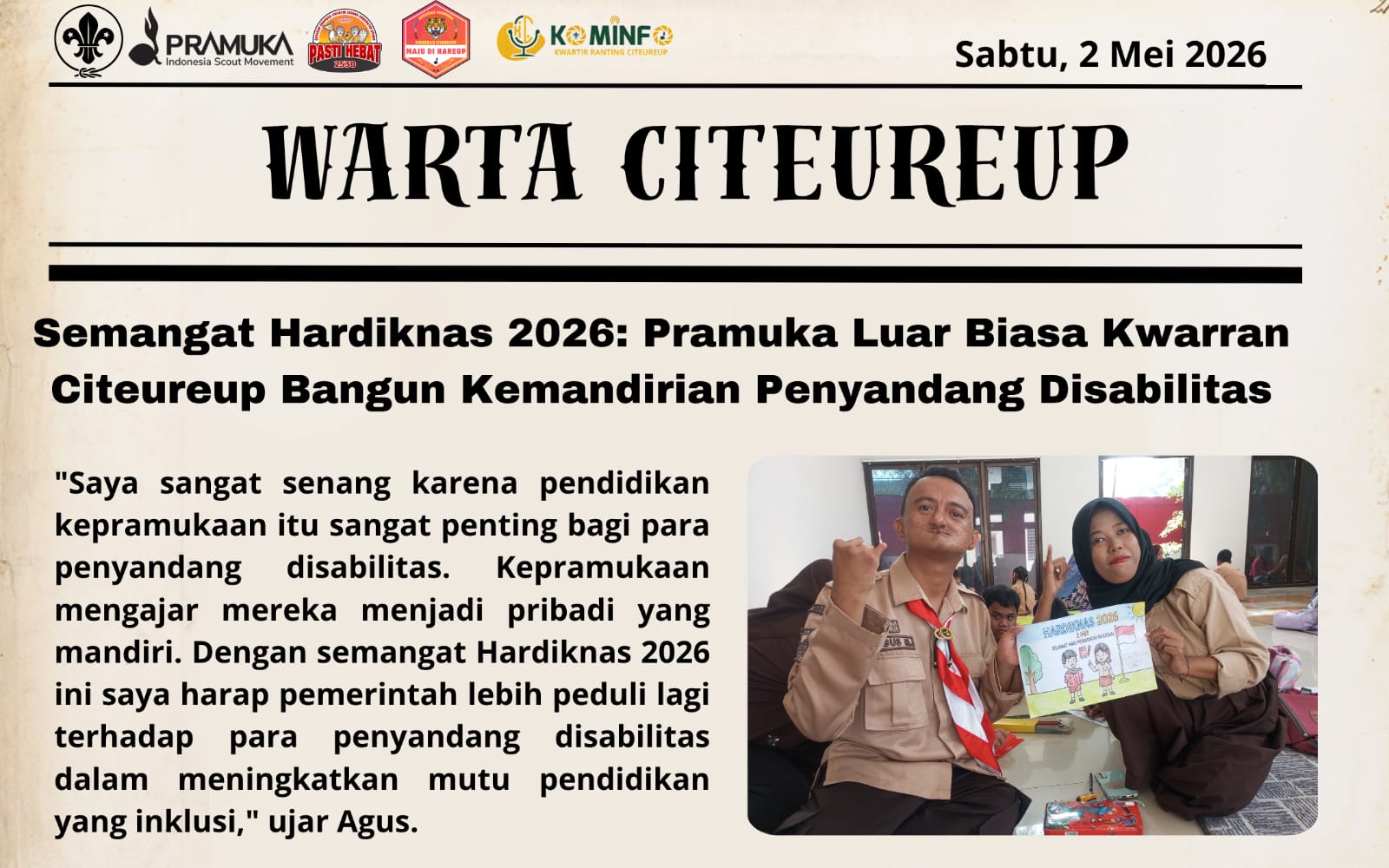 SEMANGAT HARDIKNAS 2026 : PRAMUKA LUAR BIASA KWARRAN CITEUREUP BANGUN KEMANDIRIAN PENYANDANG DISABILITAS