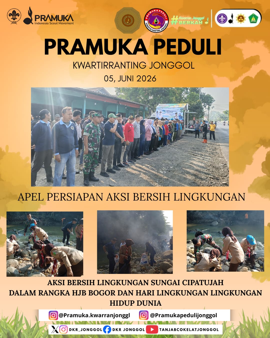Pramuka Peduli Kwarran Jonggol Turun Aksi Bersihkan Sungai Cipatujah dalam Peringatan Hari Jadi Bogor dan Hari Lingkungan Hidup Dunia
