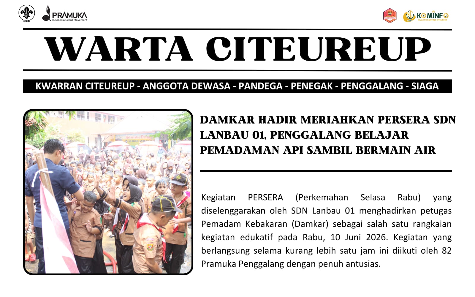 Damkar Hadir Meriahkan Persera Sdn Lanbau 01, Penggalang Belajar Pemadaman Api Sambil Bermain Air