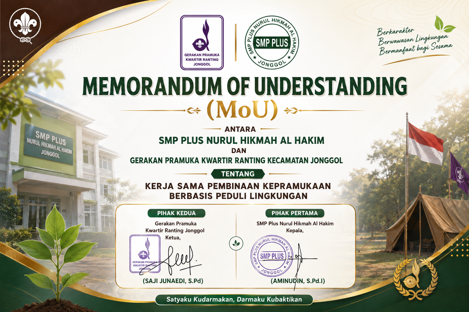 Kwarran Jonggol dan Gugusdepan SMP Plus Nurul Hikmah Al Hakim Jalin Kerja Sama Pembinaan Kepramukaan Berbasis Peduli Lingkungan