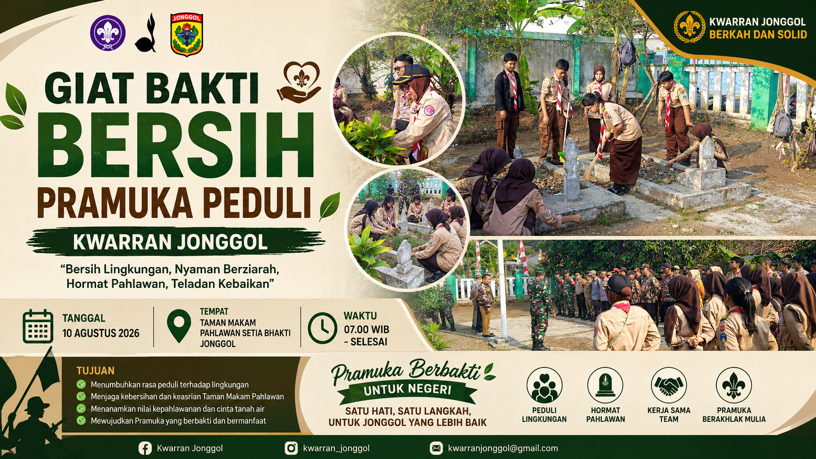 Sambut Hari Pramuka ke-65 dan HUT RI ke-81, Kwarran Jonggol Gelar Bakti Bersih di Taman Makam Pahlawan Setia Bhakti