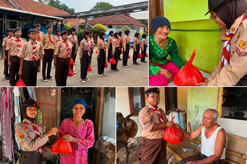 Pramuka SMP Negeri 2 Cileungsi Bagikan Paket Sembako kepada Warga Sekitar Sekolah pada program "Pramuka Berbagi"