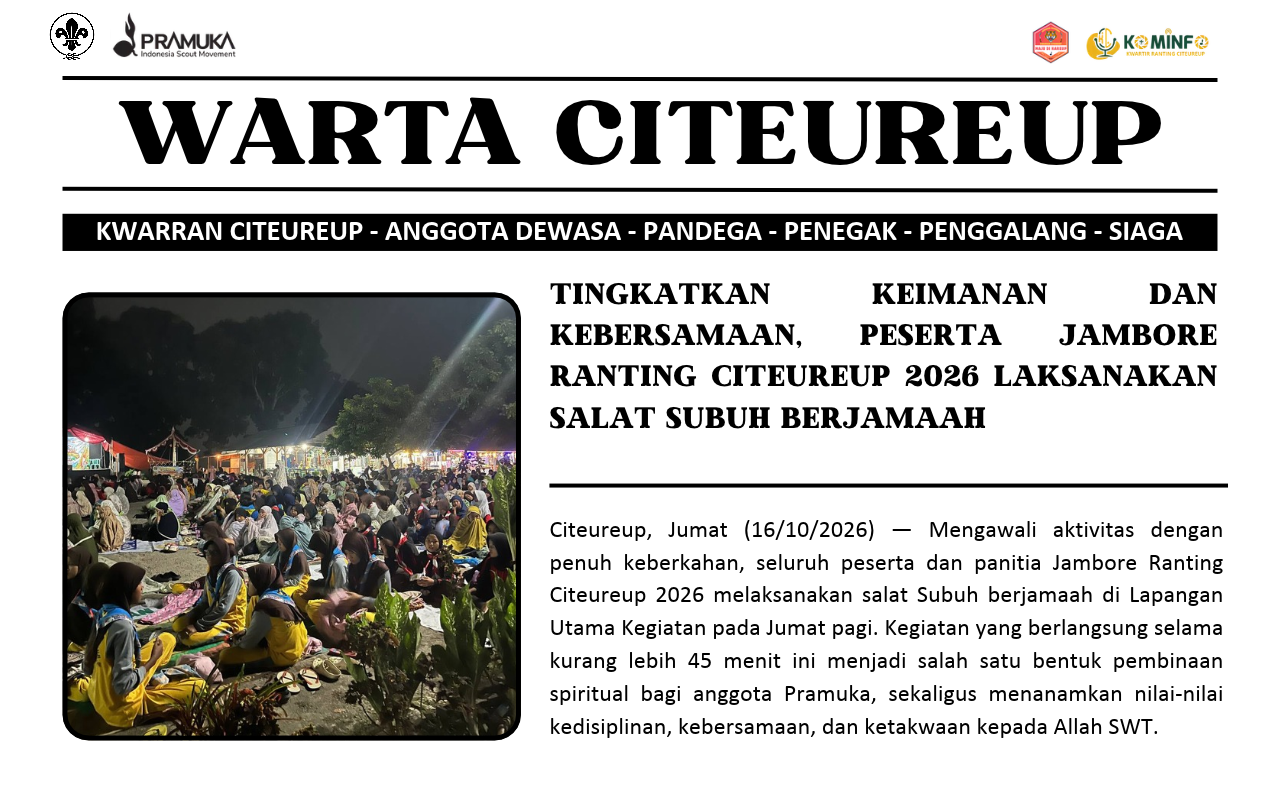 Tingkatkan Keimanan dan Kebersamaan, Peserta Jambore Ranting Citeureup 2026 Laksanakan Salat Subuh Berjamaah