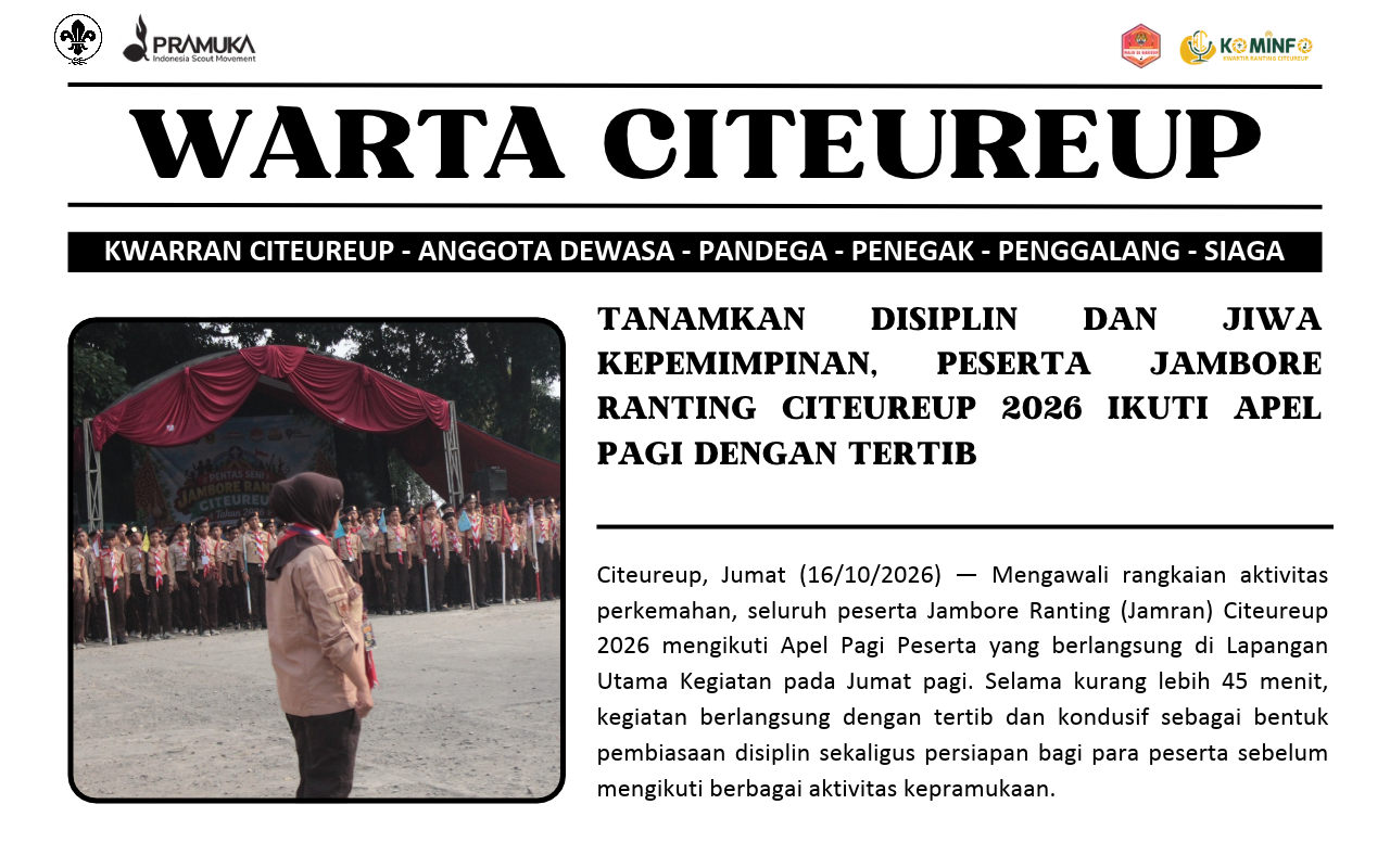 Tanamkan Disiplin dan Jiwa Kepemimpinan, Peserta Jambore Ranting Citeureup 2026 Ikuti Apel Pagi dengan Tertib