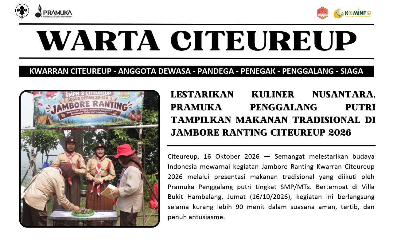 Lestarikan Kuliner Nusantara, Pramuka Penggalang Putri Tampilkan Makanan Tradisional di Jambore Ranting Citeureup 2026